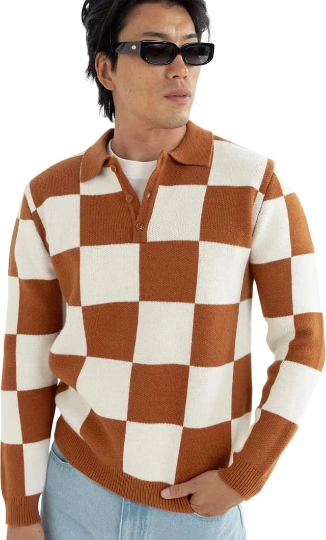 Rhythm Mens Shirt Rhumba Check Knit Long Sleeve Polo - Image 2
